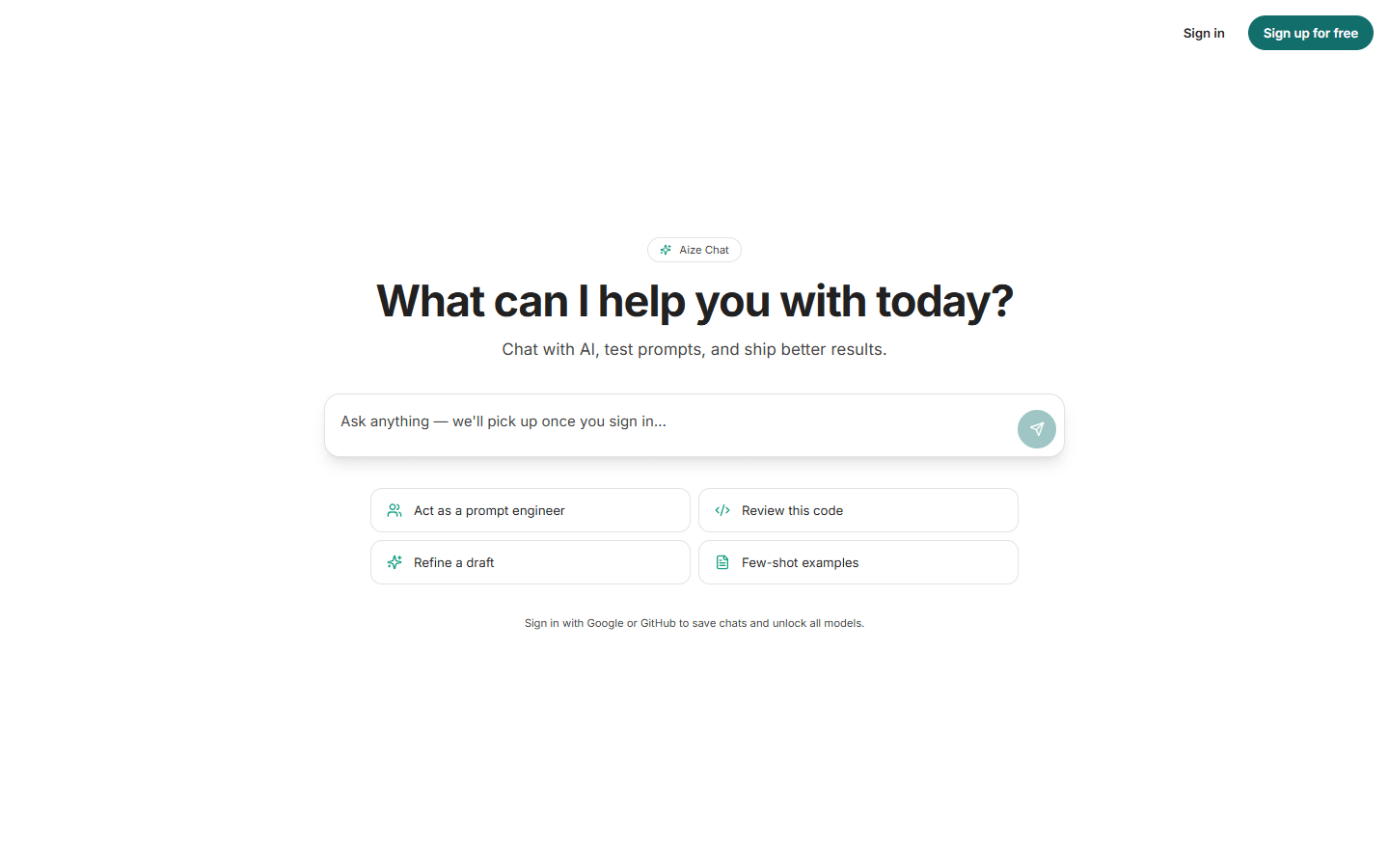 The Aize Chat landing page