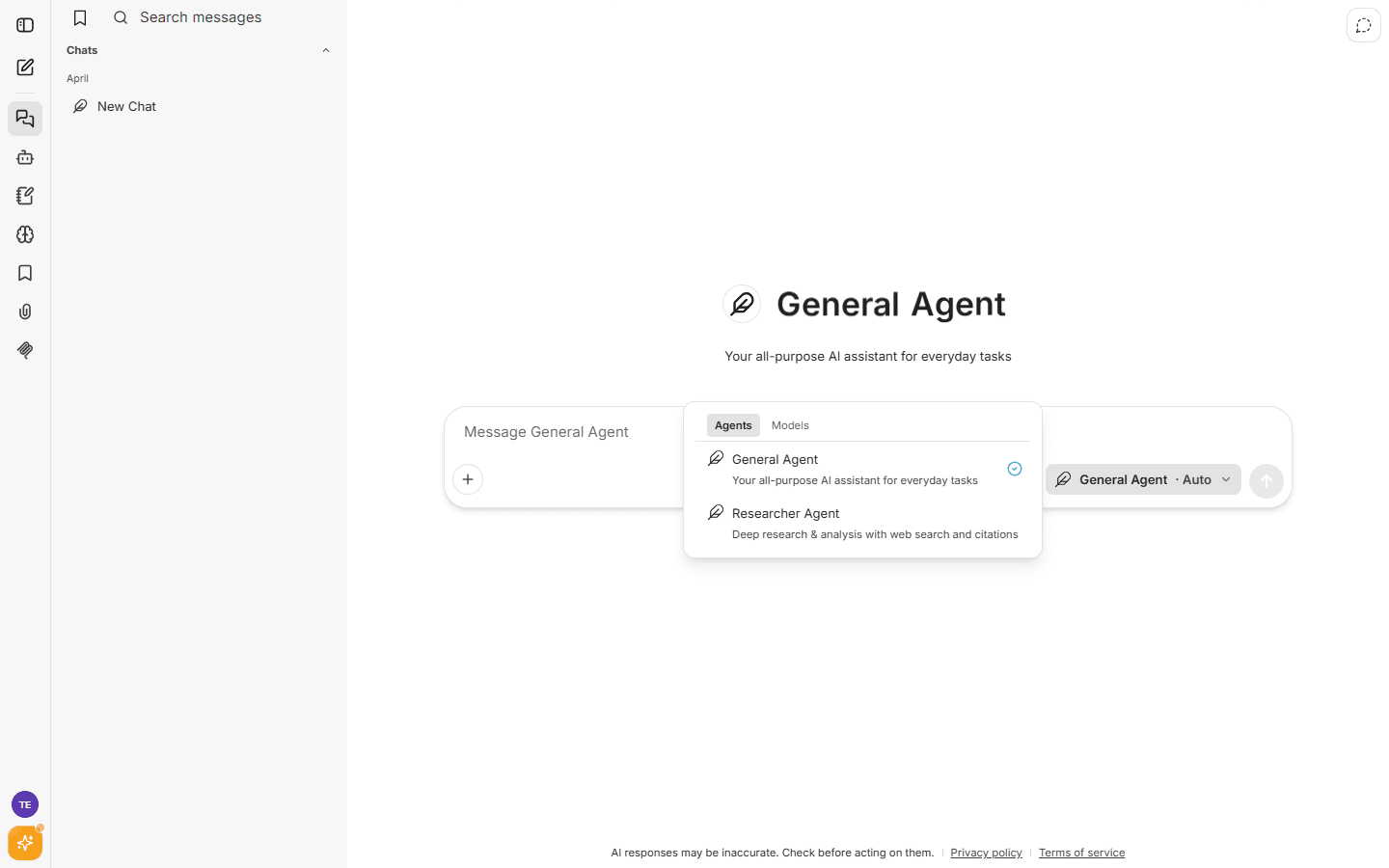 The agent and model selector